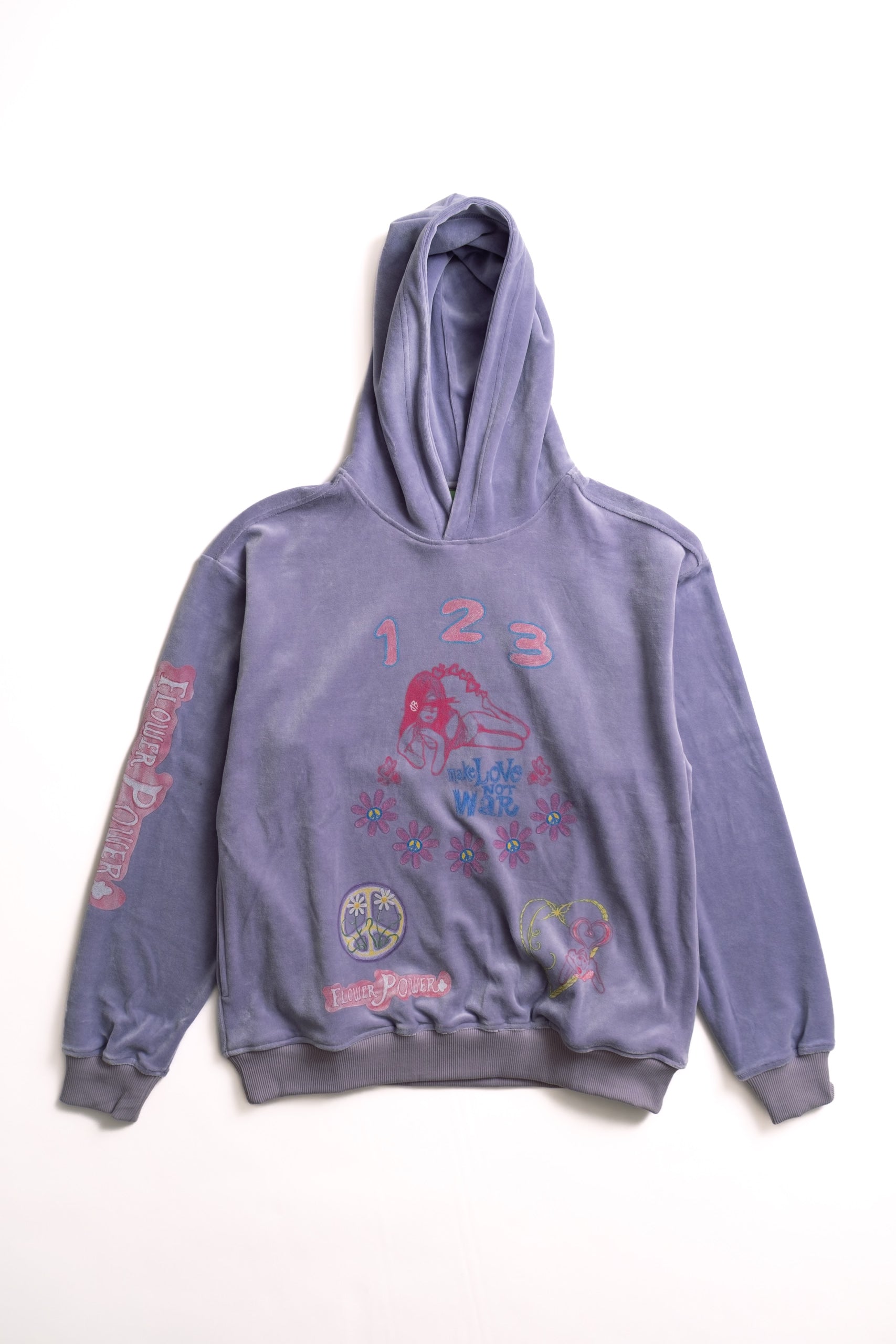 Purple hoodie with colorful graphics on a white background