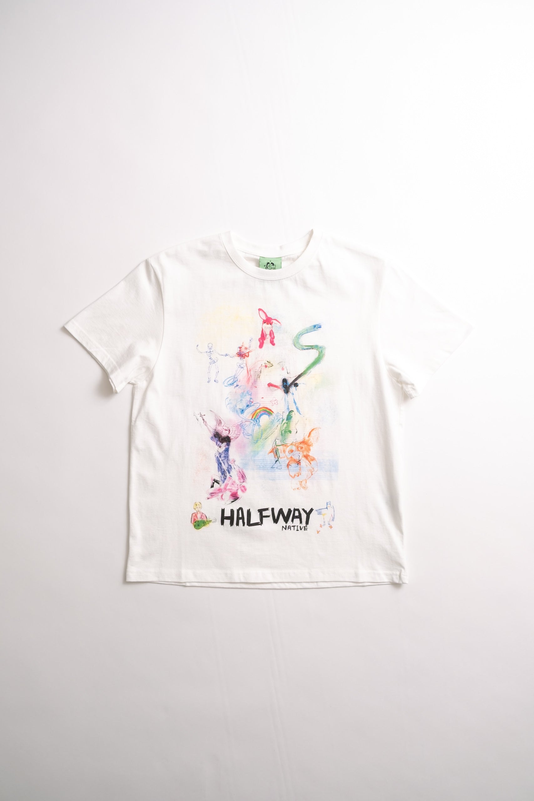White t-shirt with colorful graphic design and 'HALFWAY Native' text on a white background