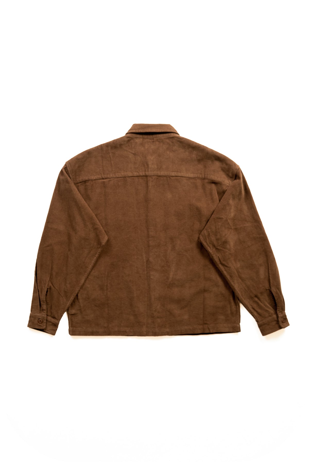 A brown corduroy jacket shown from the back, laid flat against a solid white background.