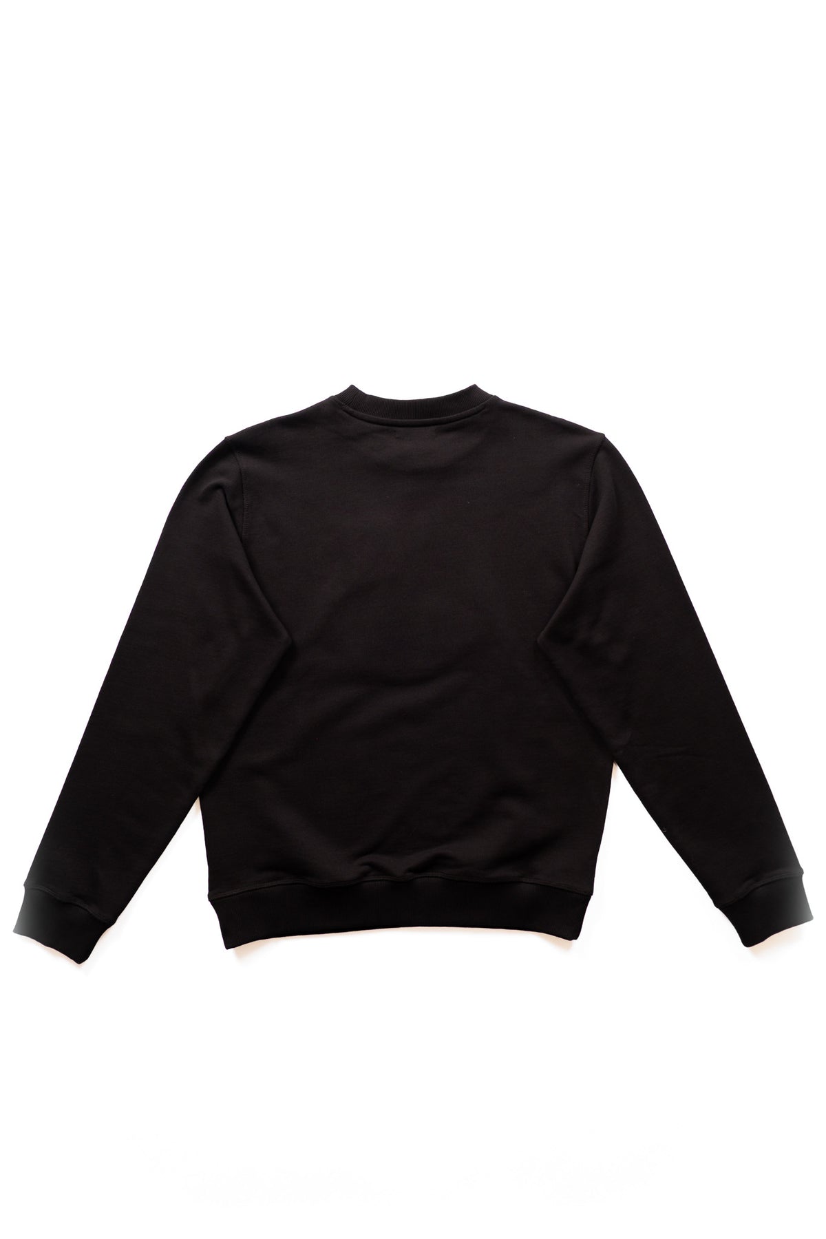 A black long-sleeve crewneck sweatshirt shown from the back, laid flat against a solid white background.