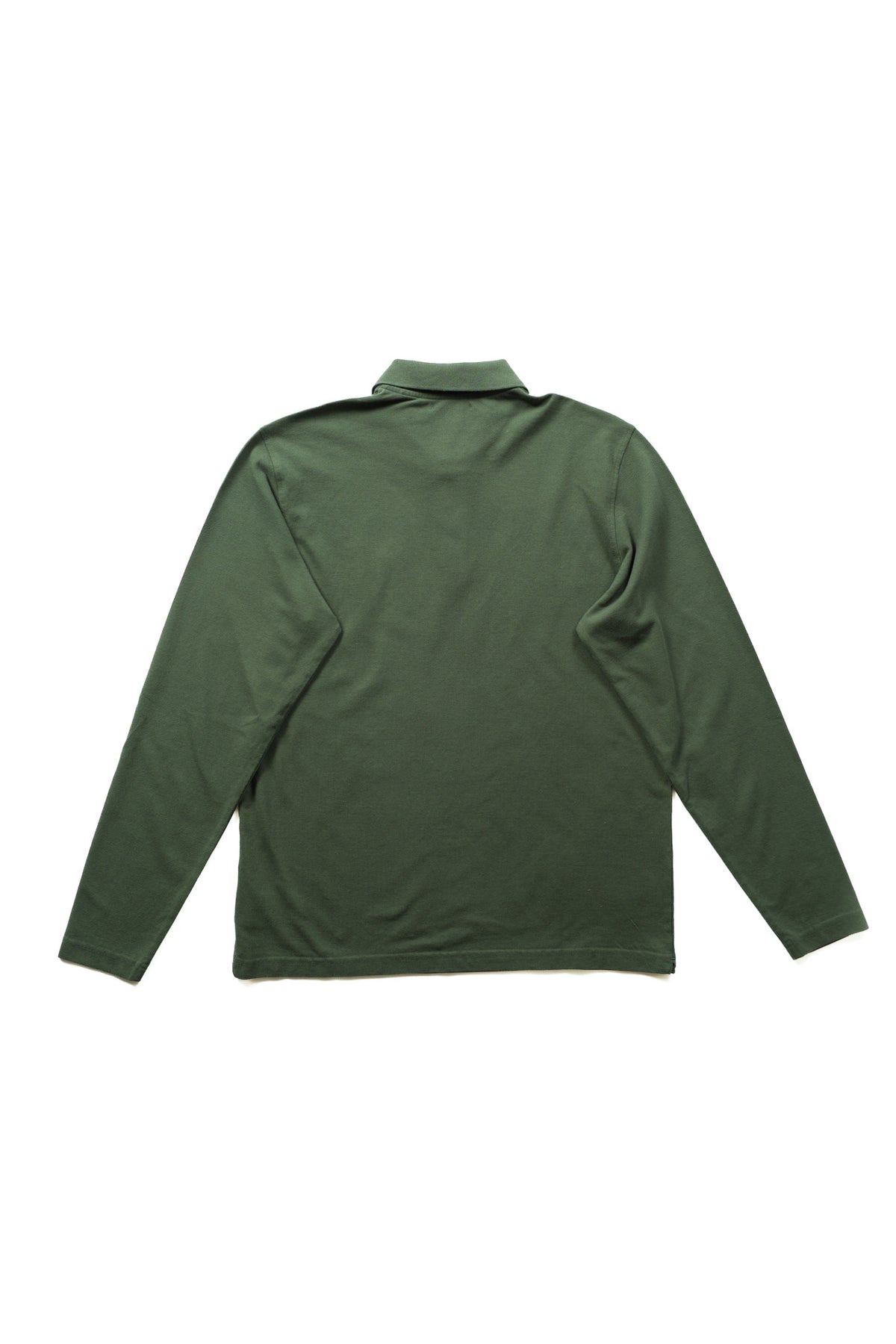 A dark green long-sleeve polo shown from the back, laid flat against a solid white background.