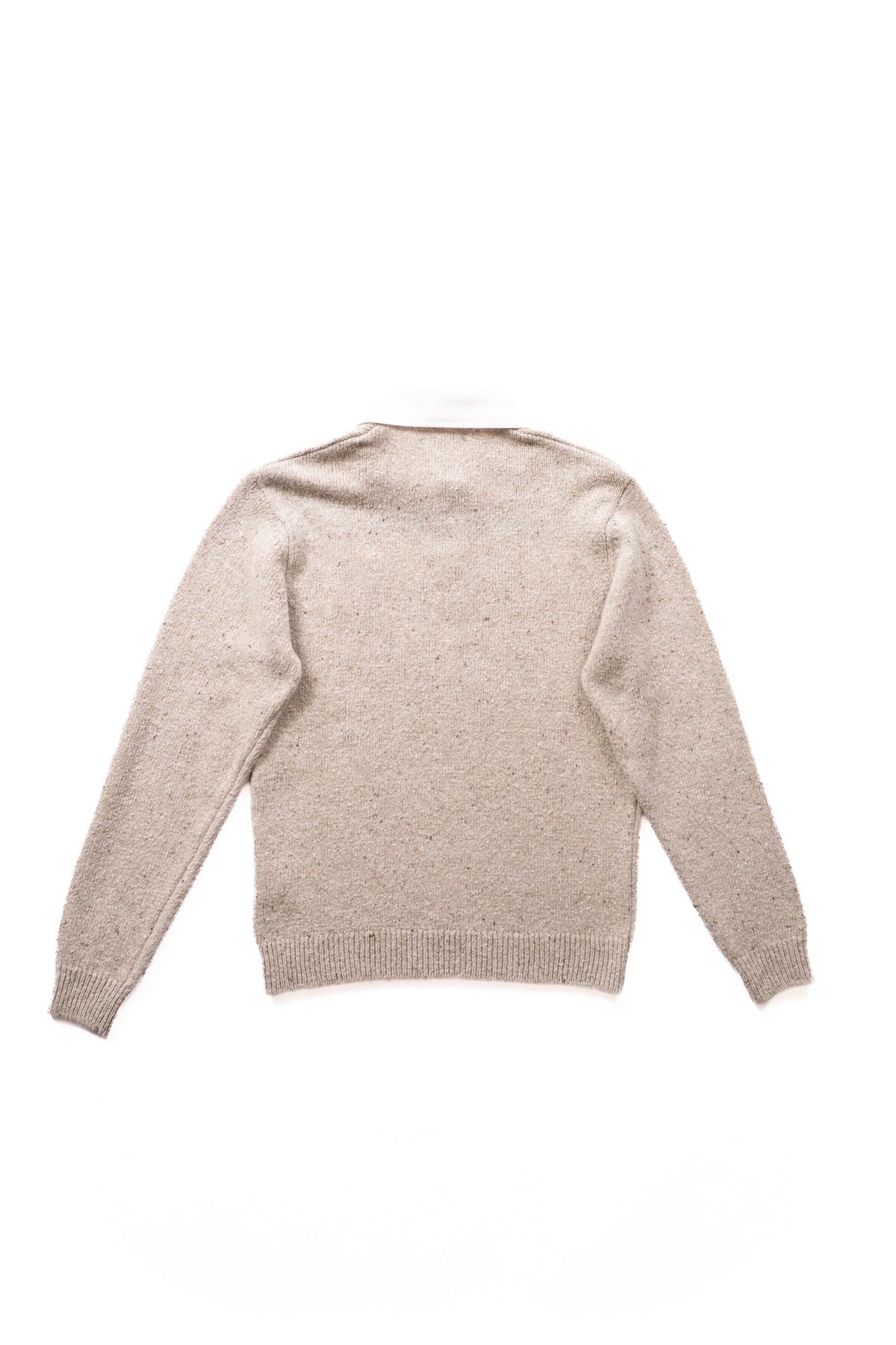 A taupe knit sweater shown from the back, laid flat against a solid white background.