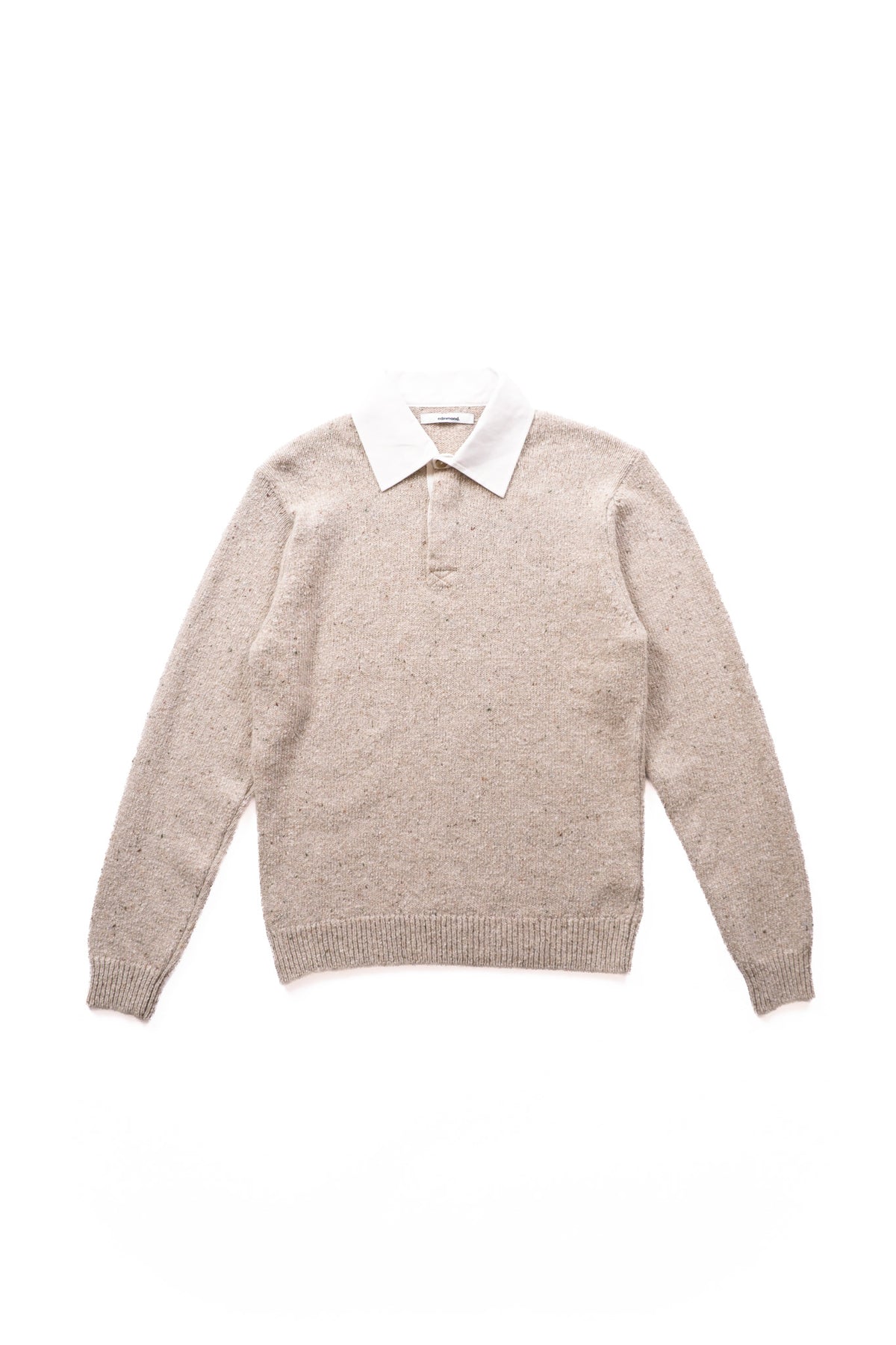 A taupe knit polo sweater with a contrasting white collar, laid flat against a solid white background.
