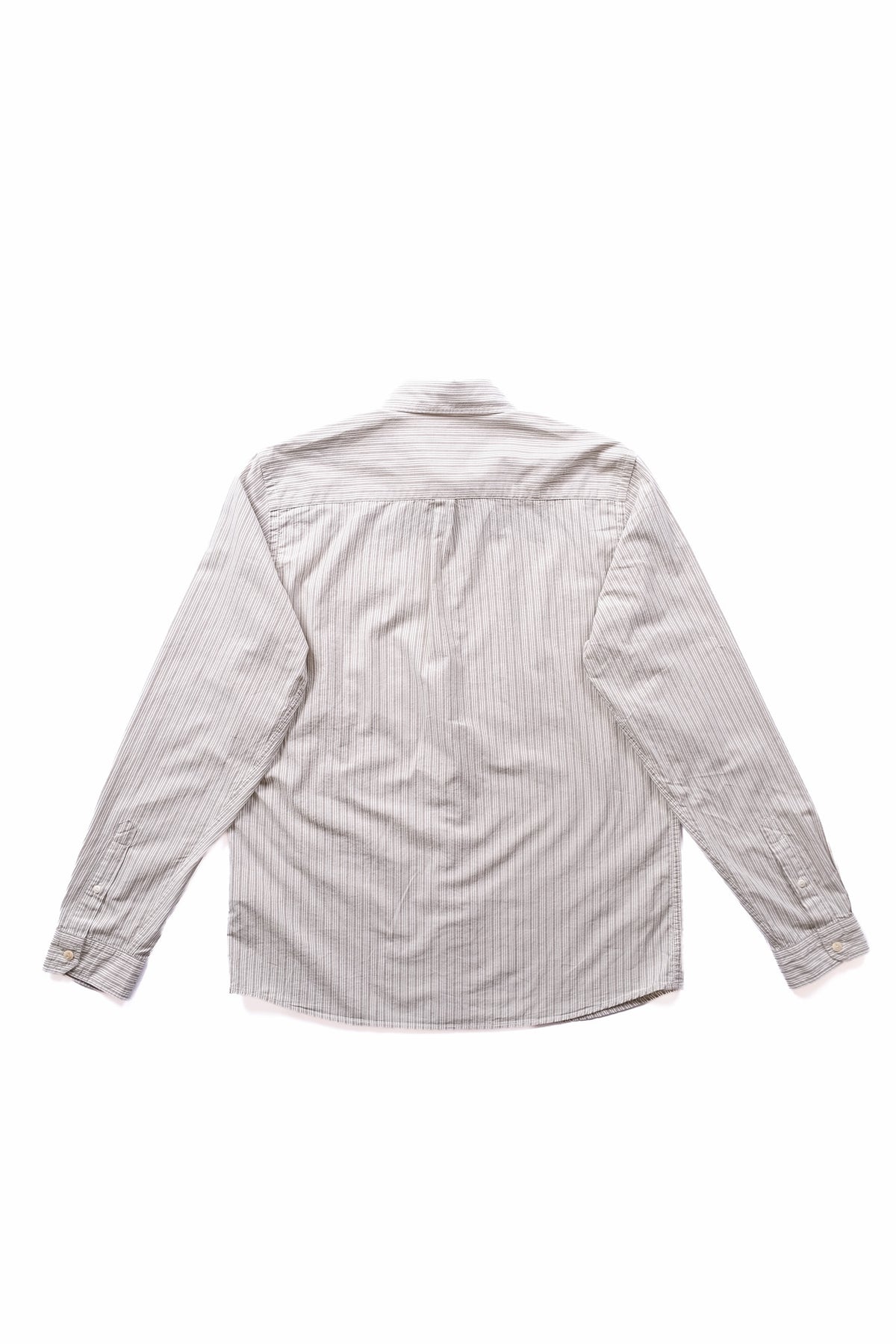 A long-sleeve button-up shirt with a fine vertical stripe pattern in grey and white, shown from the back on a white background.
