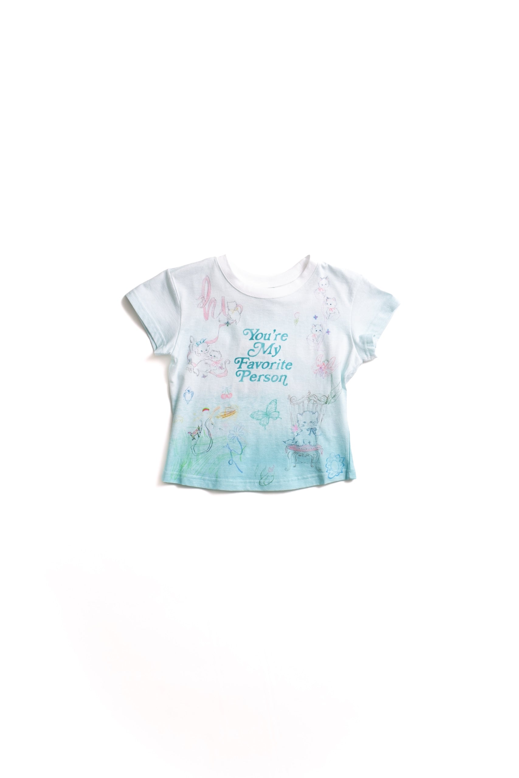White fitted baby tee with colorful design and text on a white background