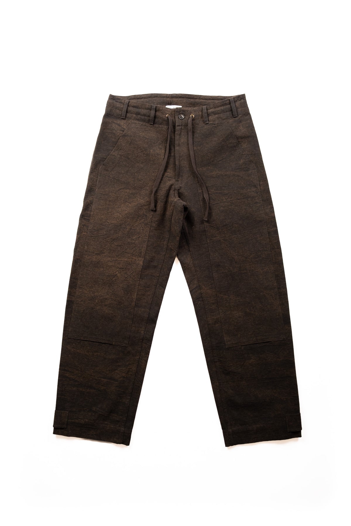 Dark charcoal and brown double knee, drawstring pants with a textured, washed finish, laid flat on a white background.