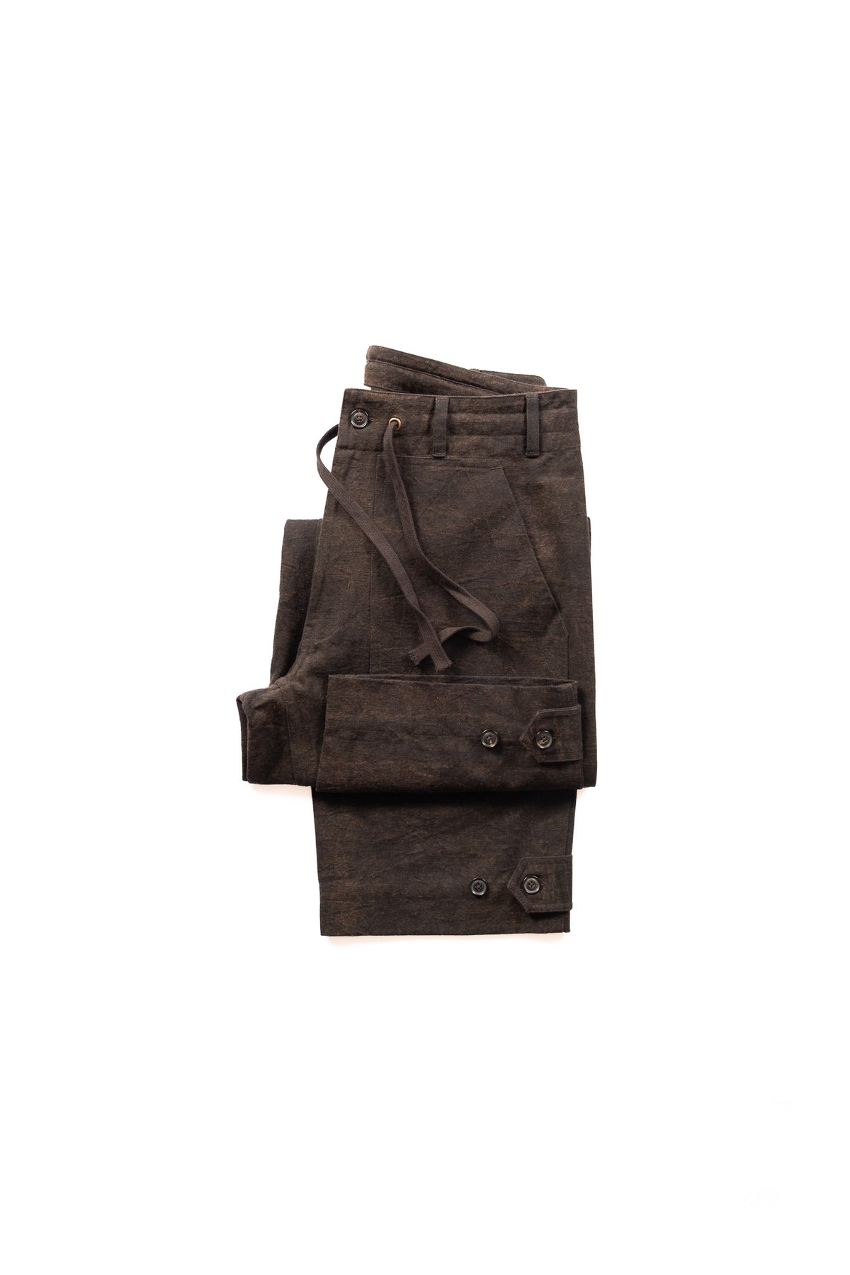 folded iron colored double knee pants with drawstring presented on white background.