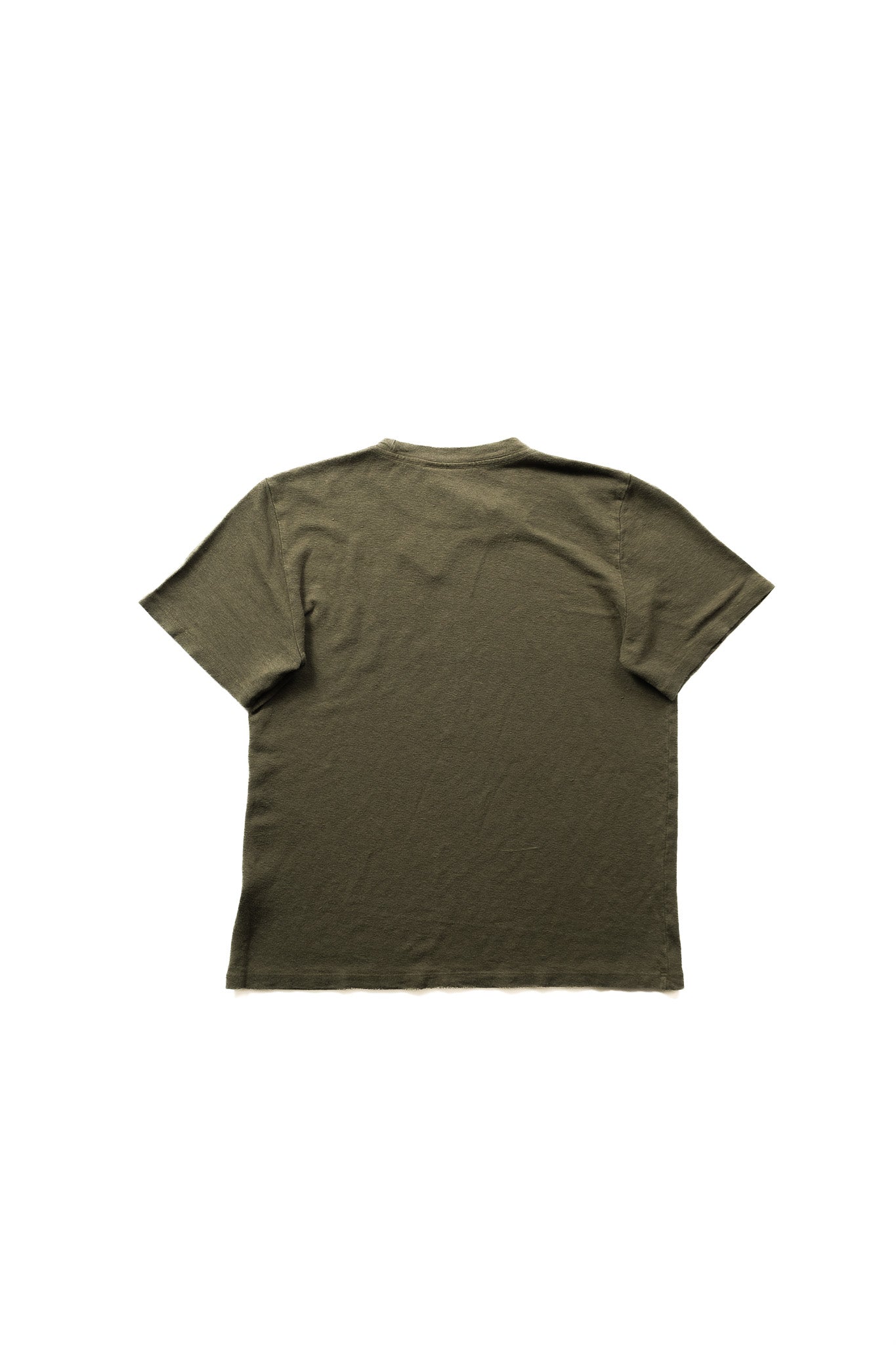 An olive green short-sleeve t-shirt shown from the back, laid flat against a solid white background.