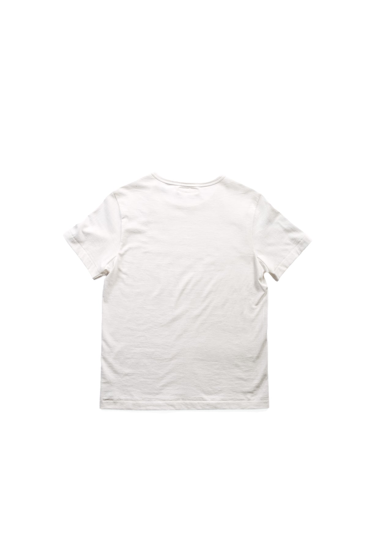 A plain white short-sleeve crewneck t-shirt shown from the back, laid flat against a solid white background.