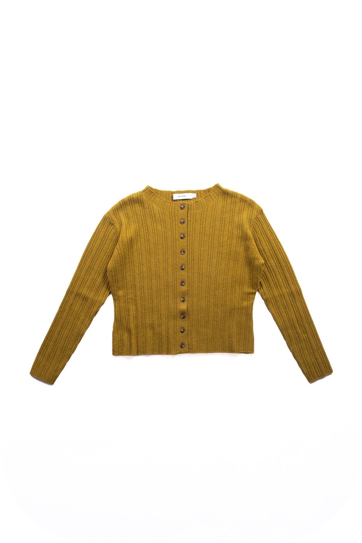 A cropped, long-sleeve ribbed knit cardigan in a green yellow color, featuring a front button closure, laid flat against a white background.