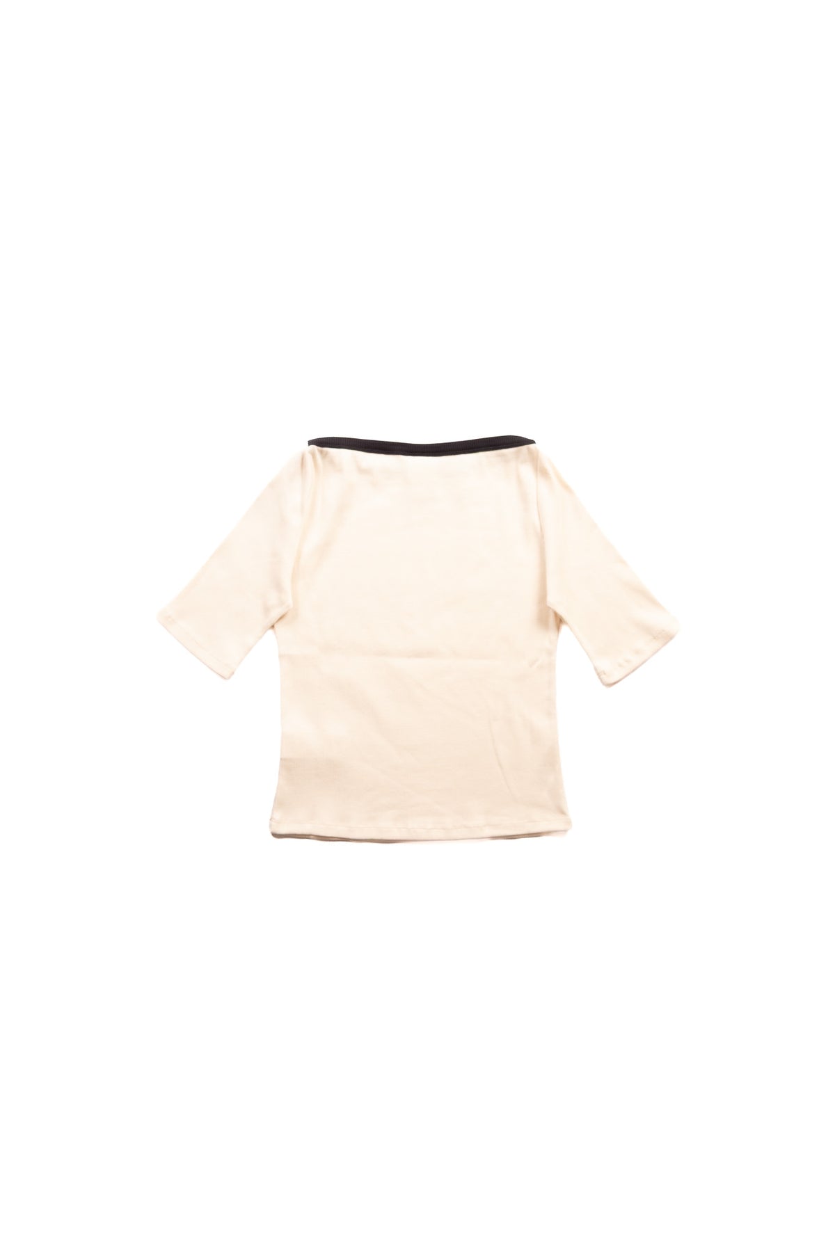 A light cream short-sleeve top shown from the back, featuring a thin black contrast on the neckline, presented on a white background.