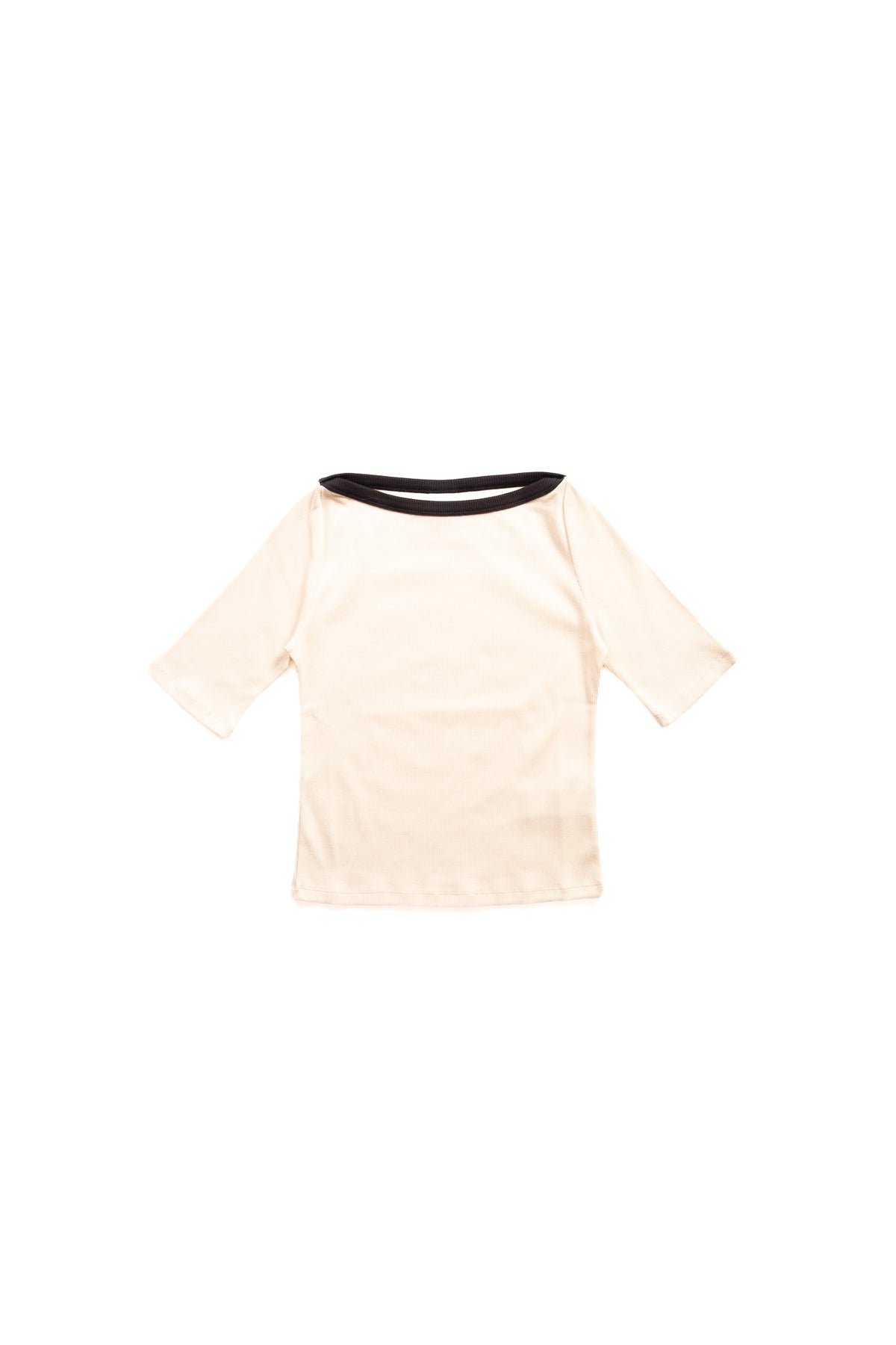 A top in cream with a contrasting black crew neck trim, shown flat against a white background.