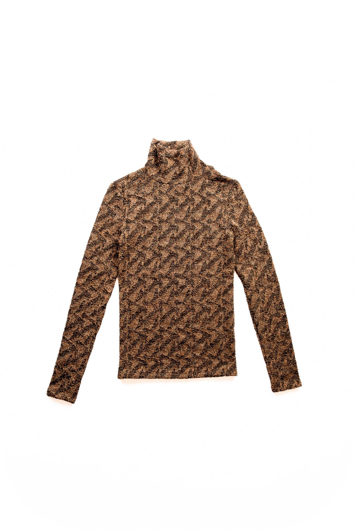A long-sleeve turtleneck sweater featuring an all-over interlocking monogram pattern displayed flat against a solid white background.