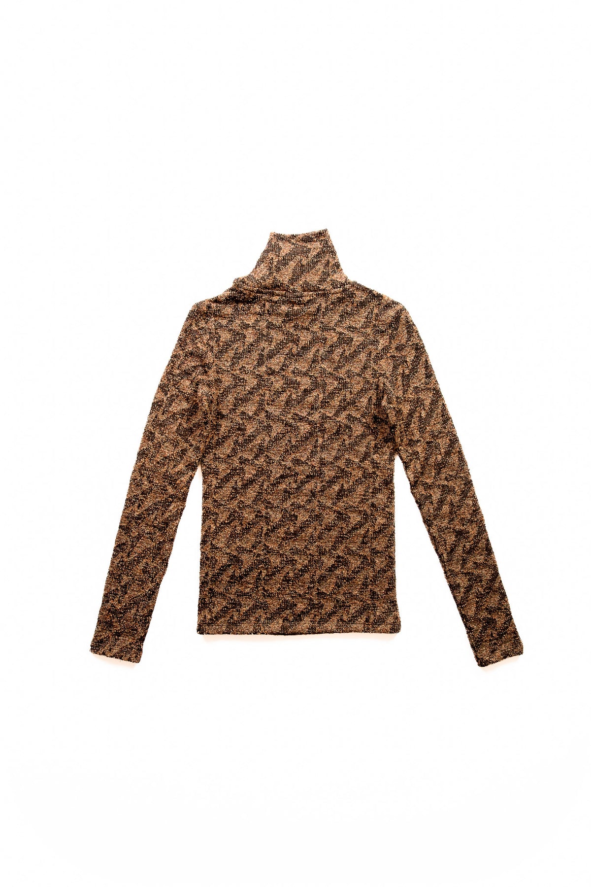 A long-sleeve turtle neck top featuring an all-over interlocking monogram pattern in brown and black, displayed against a solid white background.