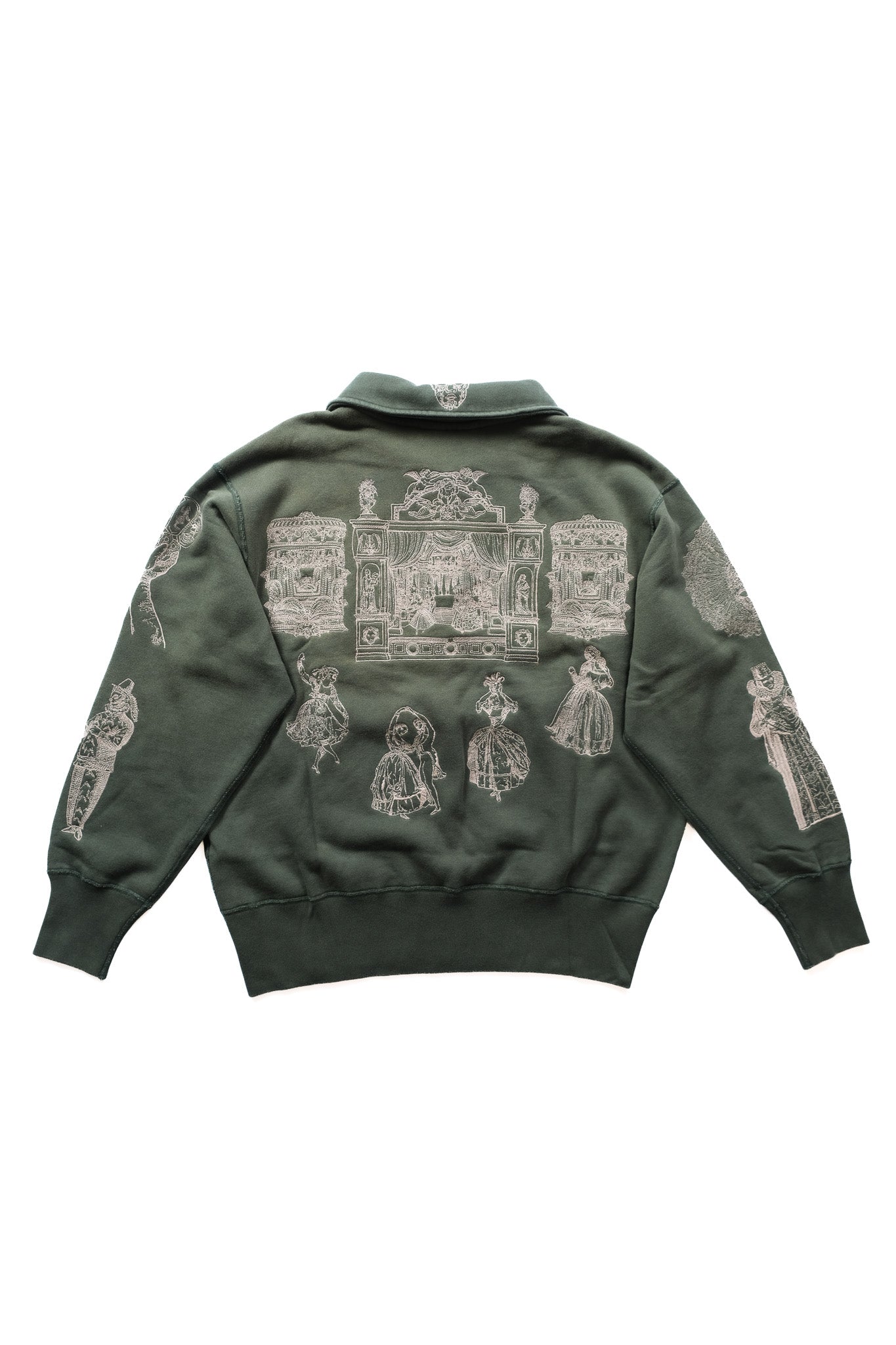 An emerald green pullover quarter zip shown from the back, featuring a large white line-art embroidery of a classical building facade with figures and architectural details across the back and sleeves.