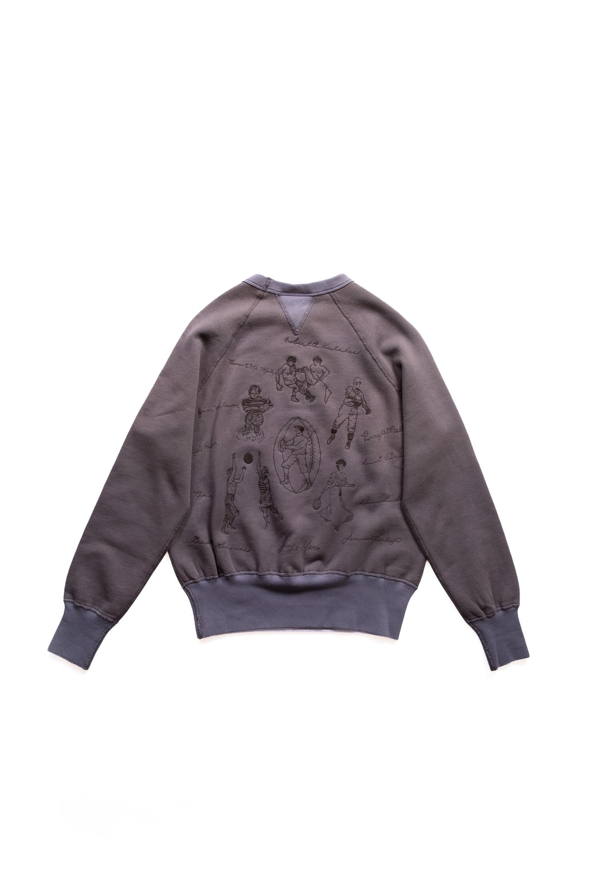 A dark gray crewneck sweatshirt with an embroidered graphic print on the back, featuring ribbed cuffs and hem, displayed against a plain white background.
