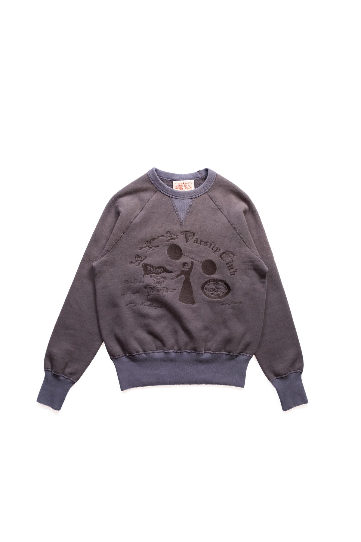 A dark gray crewneck sweatshirt with a tonal embroidered graphic print on the front featuring a woman figure holding a weight and varsity club with pendants and signatures displayed flat against a white background.