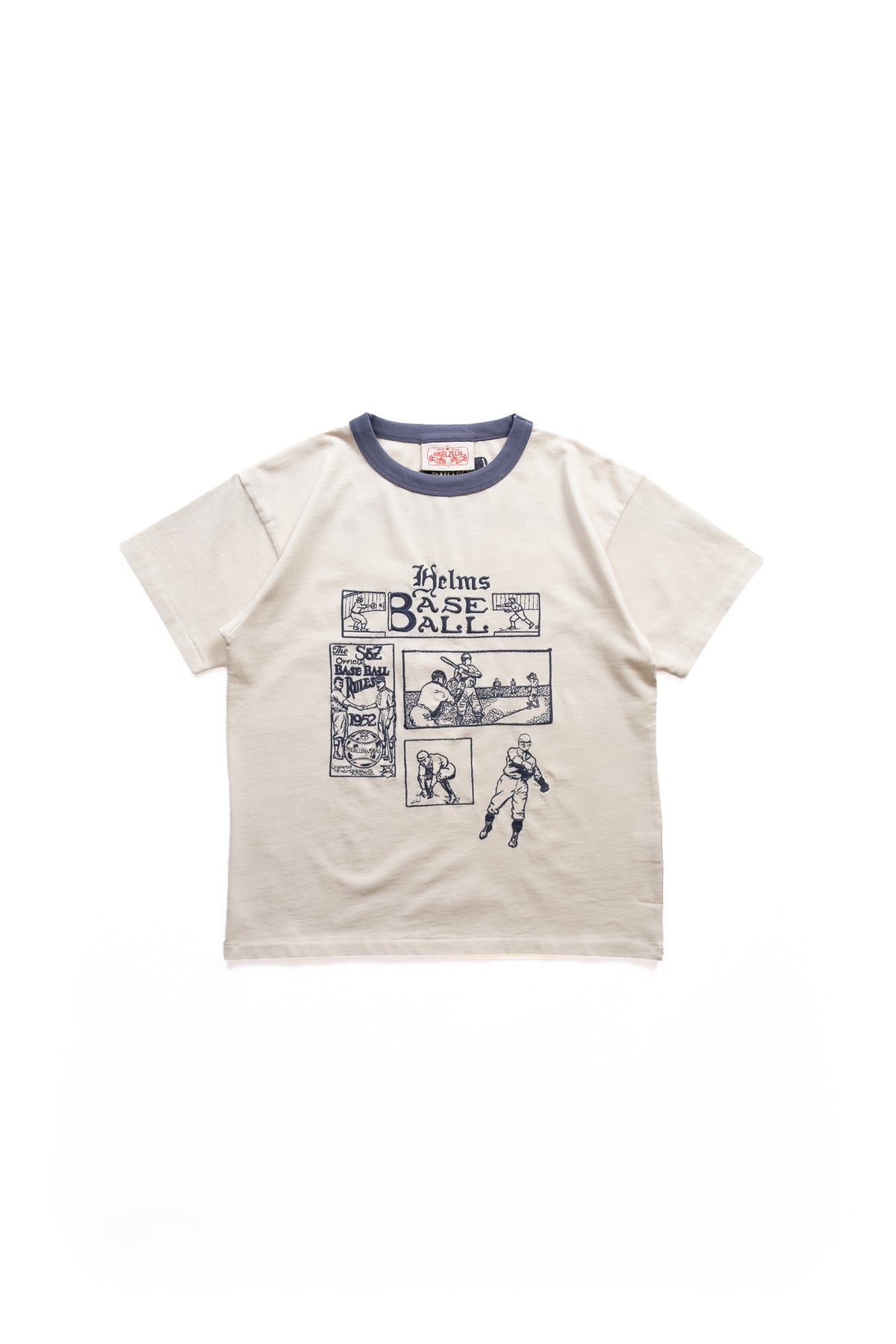 A short-sleeve t-shirt in off-white/cream with a faded navy blue crew neck collar and a dark navy blue graphic print on the front featuring comic-style panels and the text 'Helms BASEBALL'.