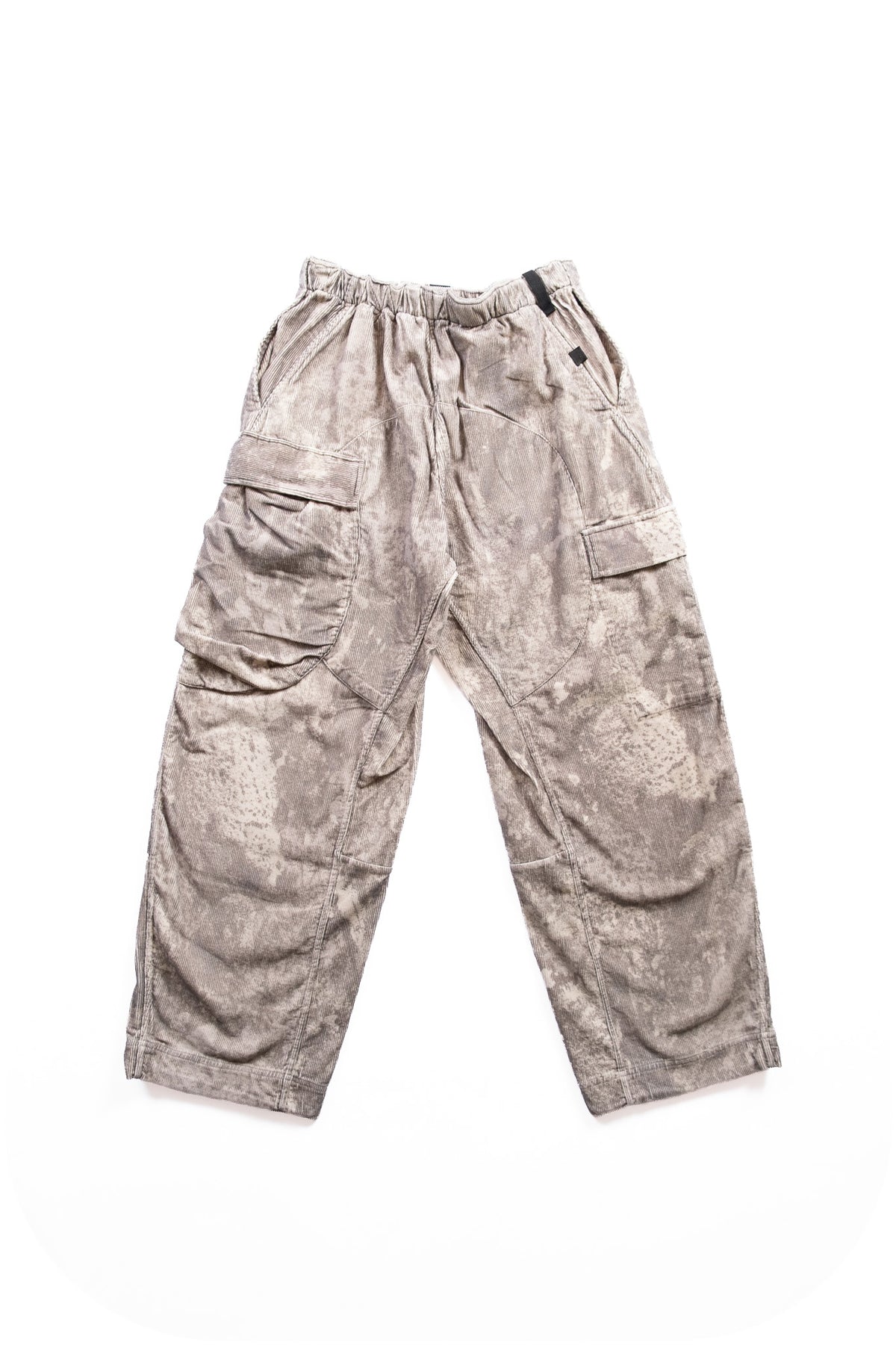A pair of relaxed-fit cargo pants in a mottled, mineral-washed gray and beige fabric, laid flat against a white background.