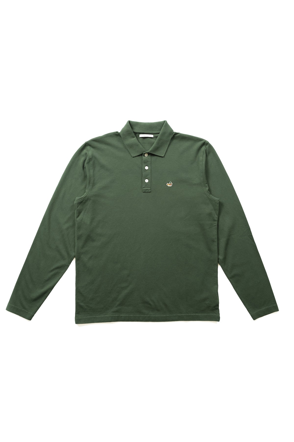 A dark green long-sleeve polo shirt with a three-button placket and a small embroidered duck logo on the left chest, displayed flat against a plain white background.