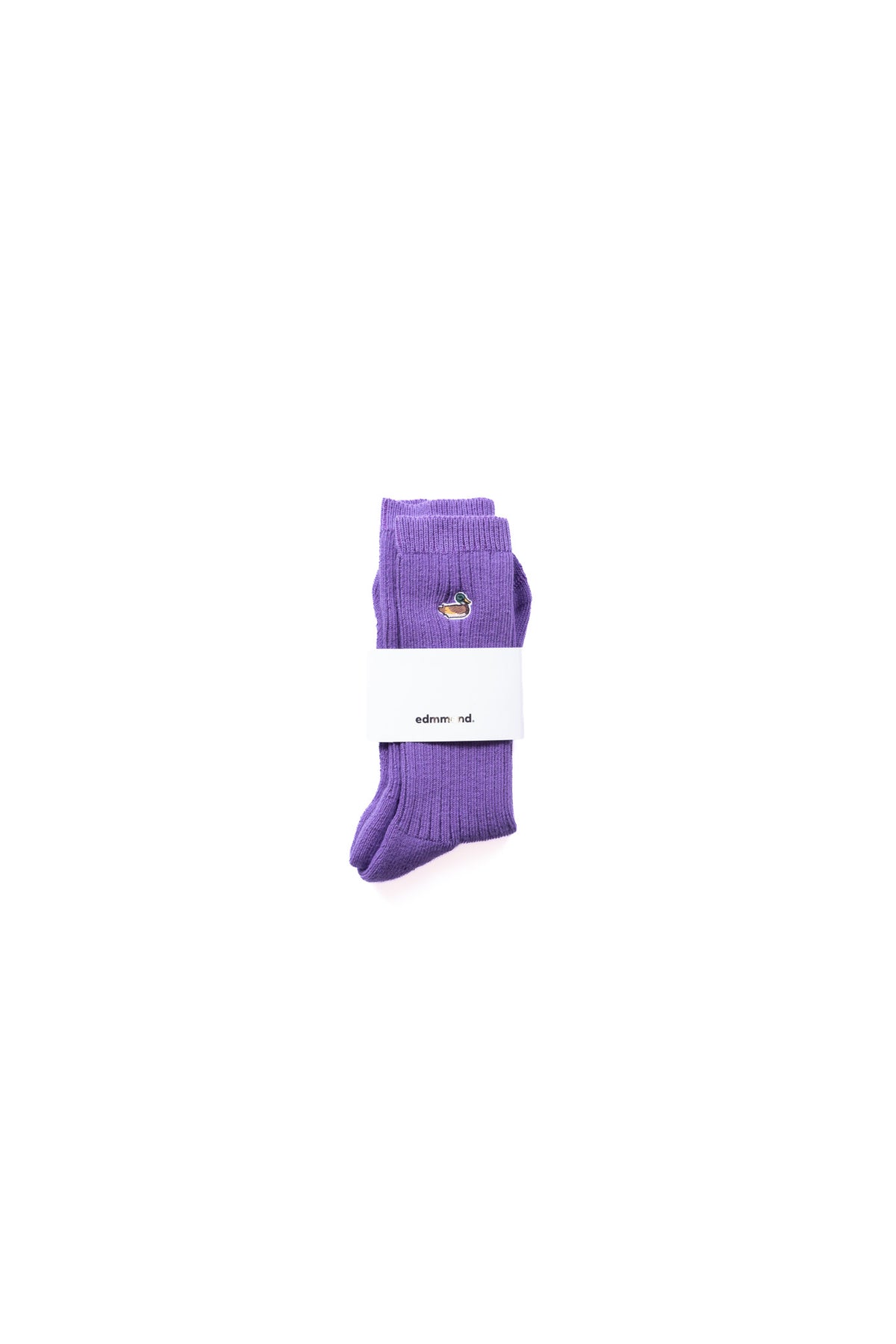 folded pair of purple socks with embroidered duck on  the ankles 