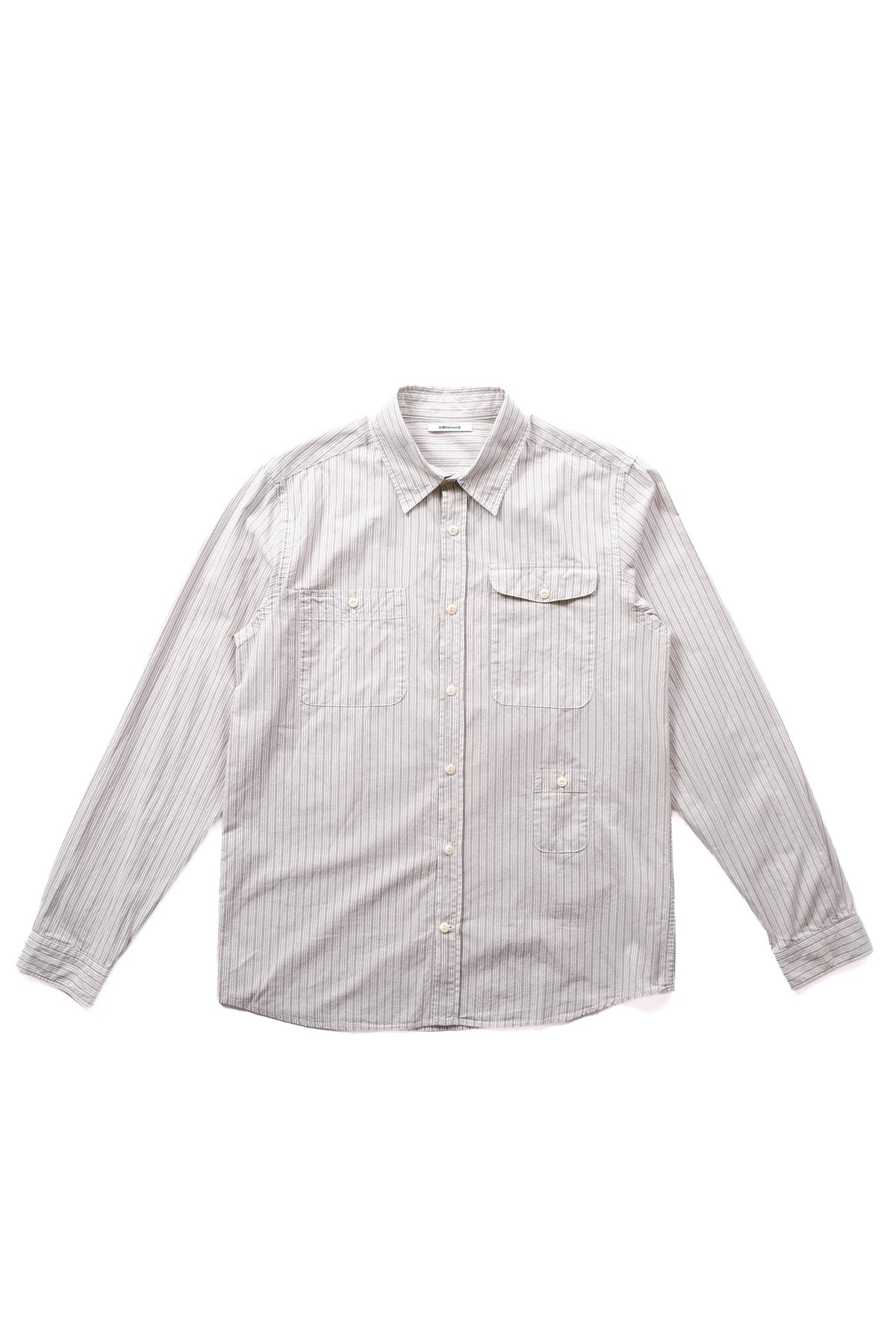 A long-sleeve button-up shirt with a fine vertical stripe pattern in off-white and light gray, featuring two chest pockets and a classic collar, and one tiny pocket on the body laid flat against a white background.
