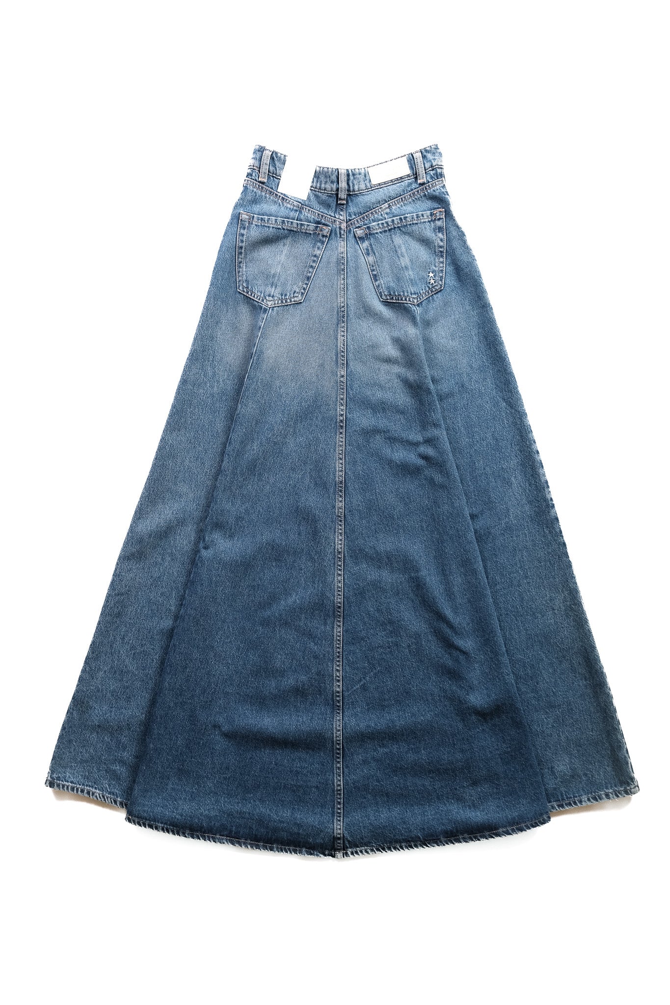 A high-waisted, wide denim maxi skirt in medium blue wash, laid flat against a white background.