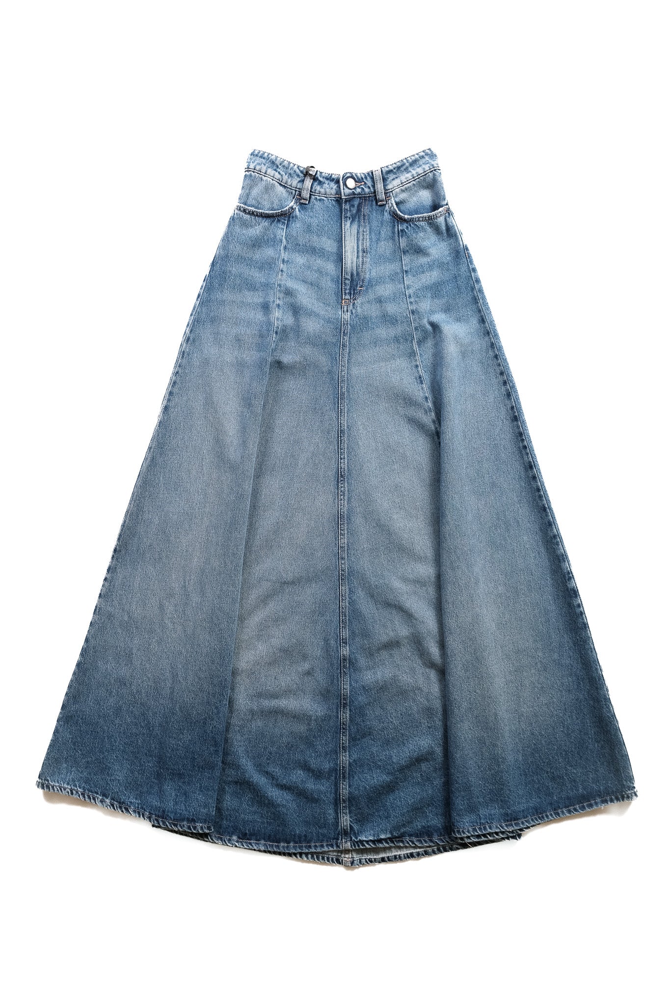 A high-waisted, wide A-line denim skirt in a medium blue wash, laid flat against a solid white background.