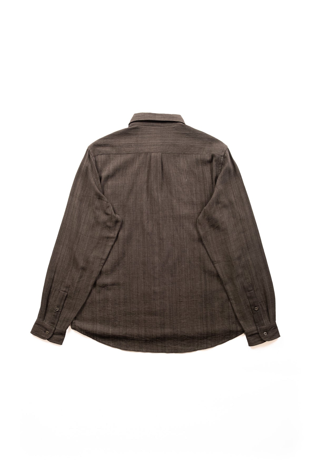 A dark iron colored textured long-sleeve button-up shirt shown from the back, laid flat on a white background.