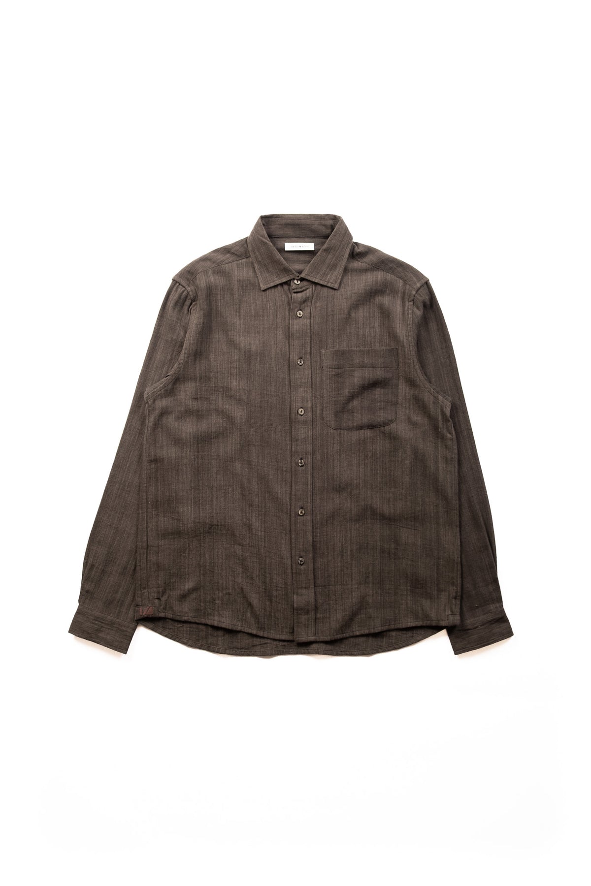 A dark Iron colored textured long-sleeve button-up shirt with a single chest pocket, laid flat against a solid white background.