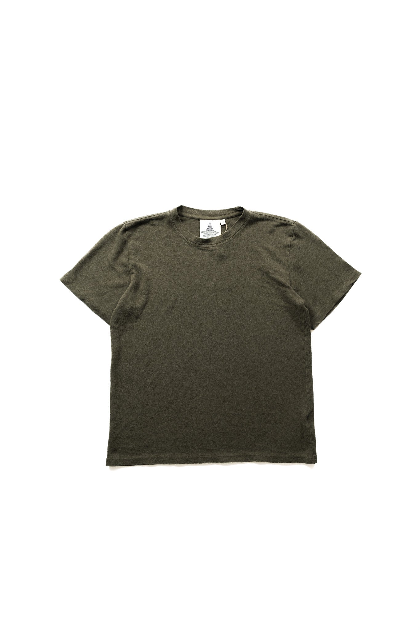 olive green tshirt laid on a white background 