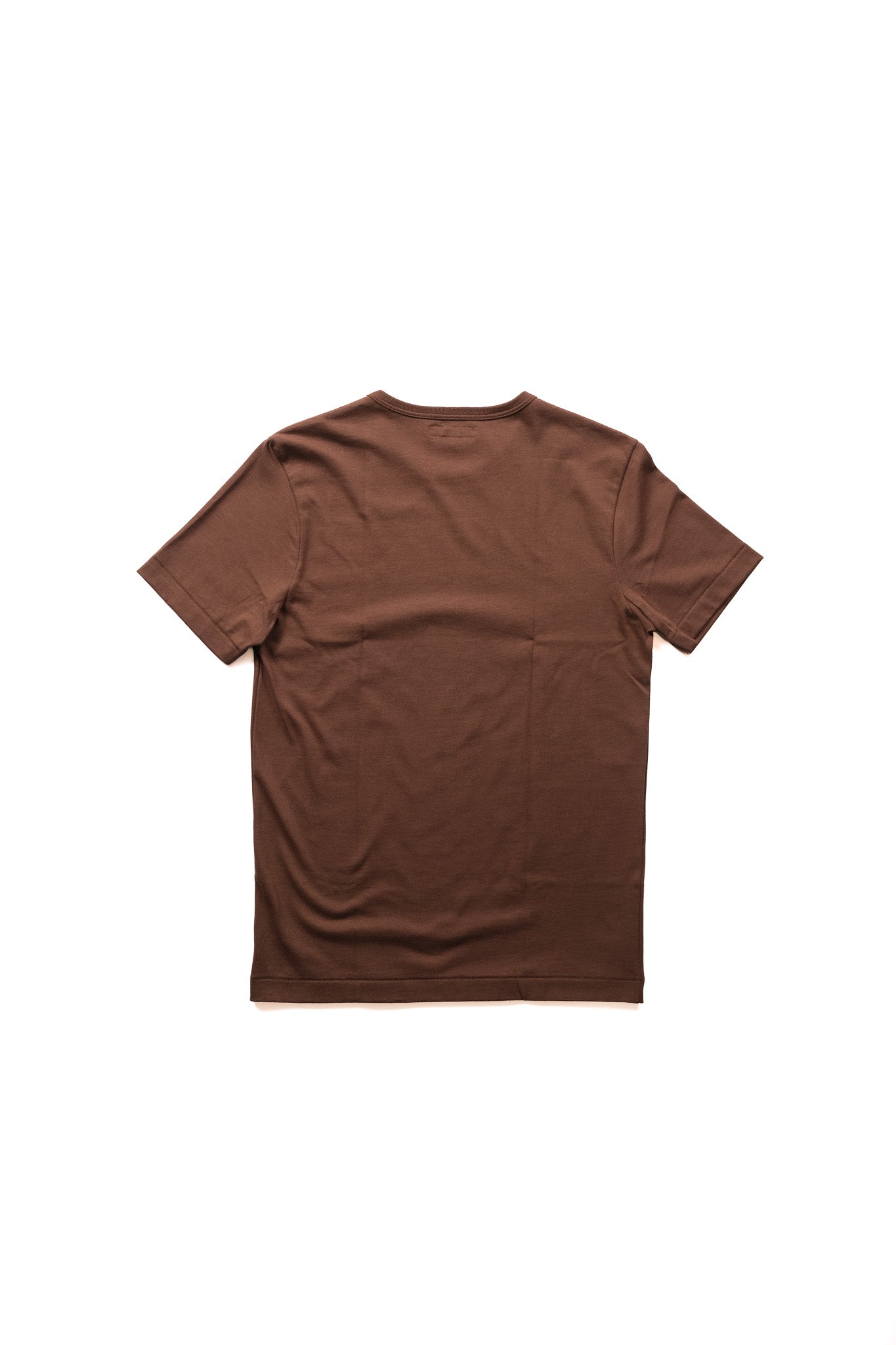 A brown short-sleeve crewneck t-shirt shown from the back, laid flat against a solid white background.