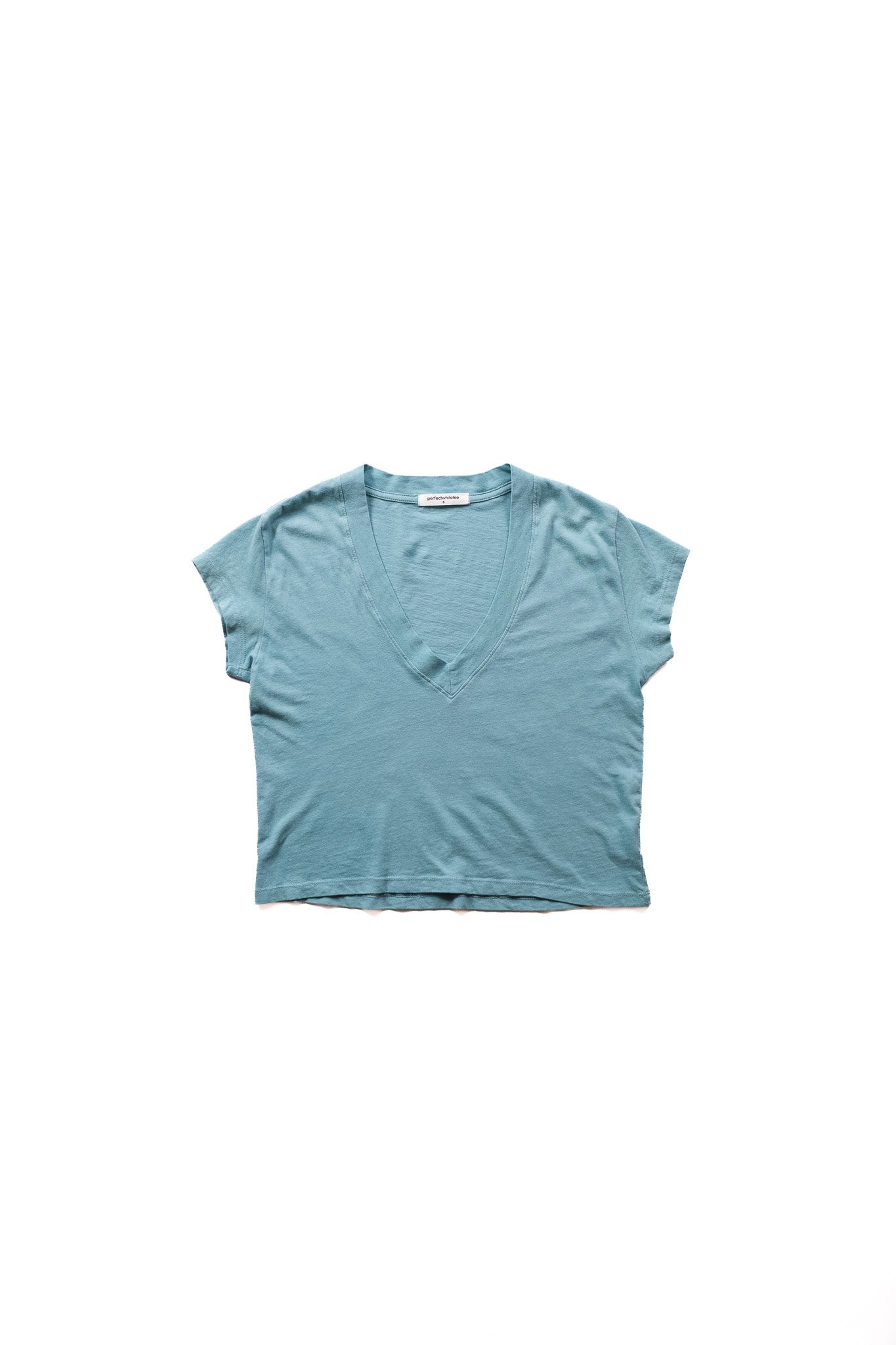 A light blue short-sleeve V-neck t-shirt laid flat on a solid white background.