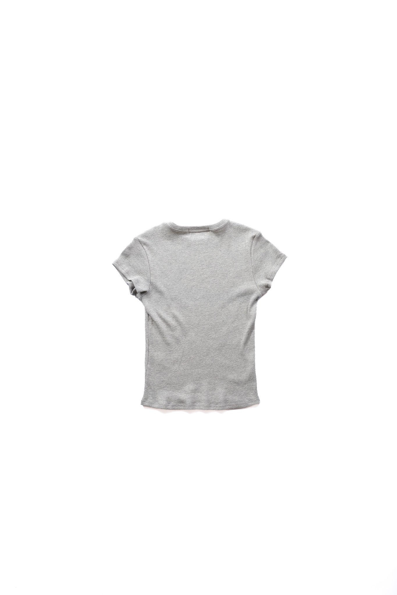 A light gray short-sleeve ribbed crewneck t-shirt, shown from the back flat against a solid white background.