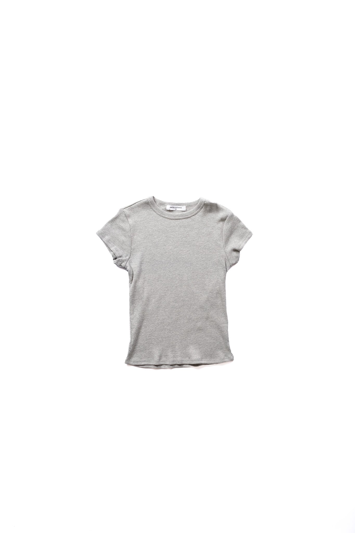 A light gray short-sleeve ribbed crewneck t-shirt, photographed flat against a solid white background.
