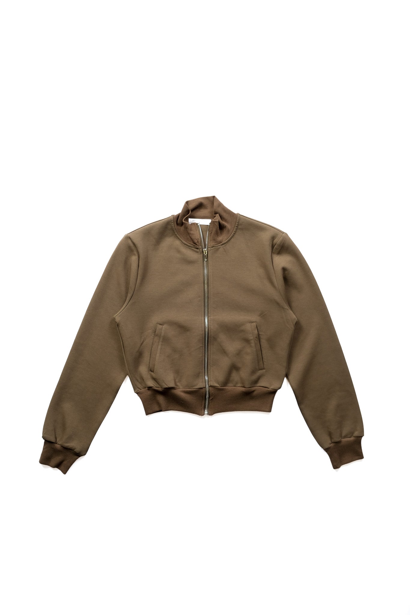 A cropped bomber jacket with a front zipper, ribbed collar, cuffs, and hem, displayed on a clean white background.