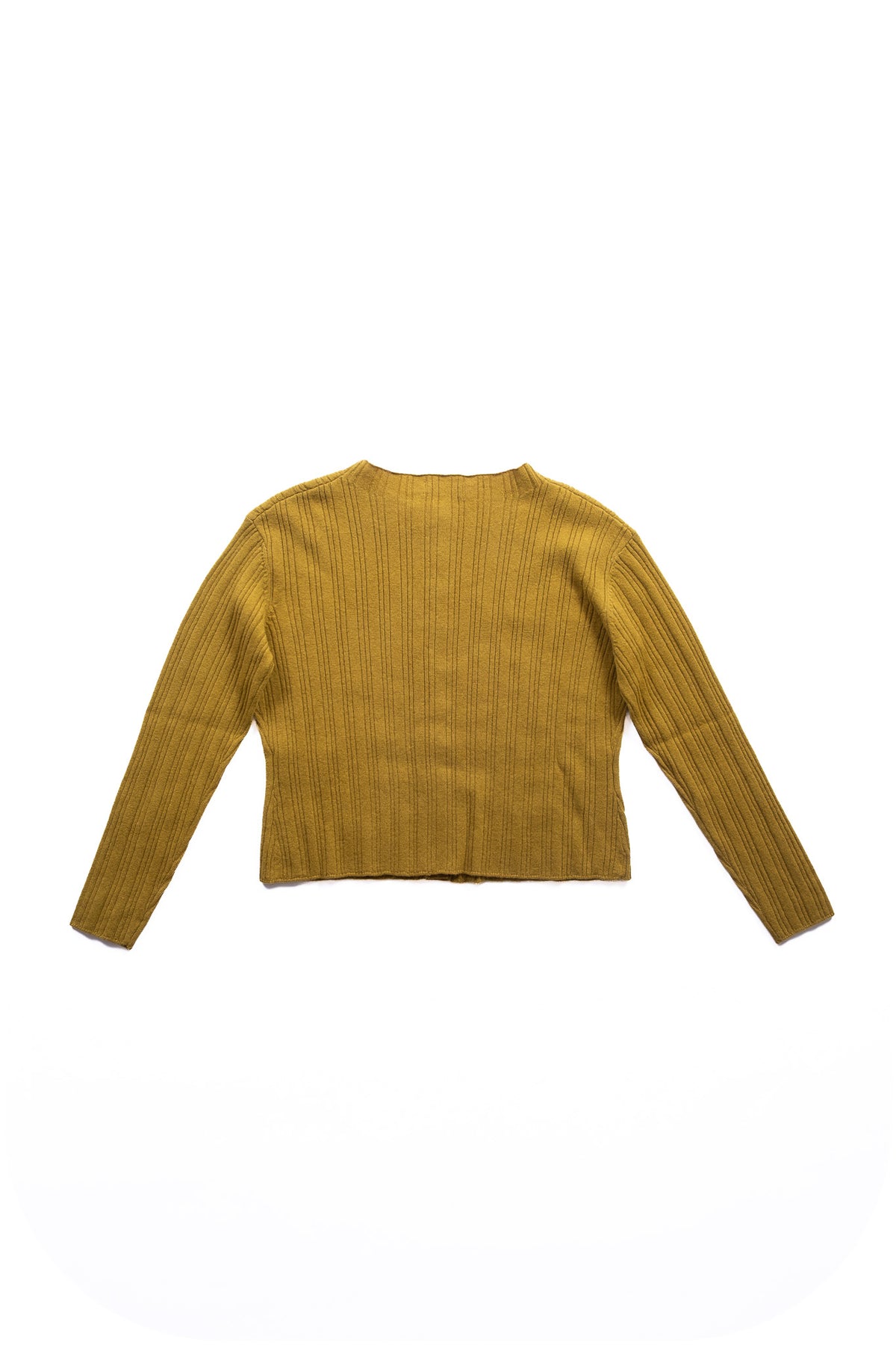 A cropped, long-sleeve ribbed knit sweater in a yellow green color, shown from the back against a plain white background.