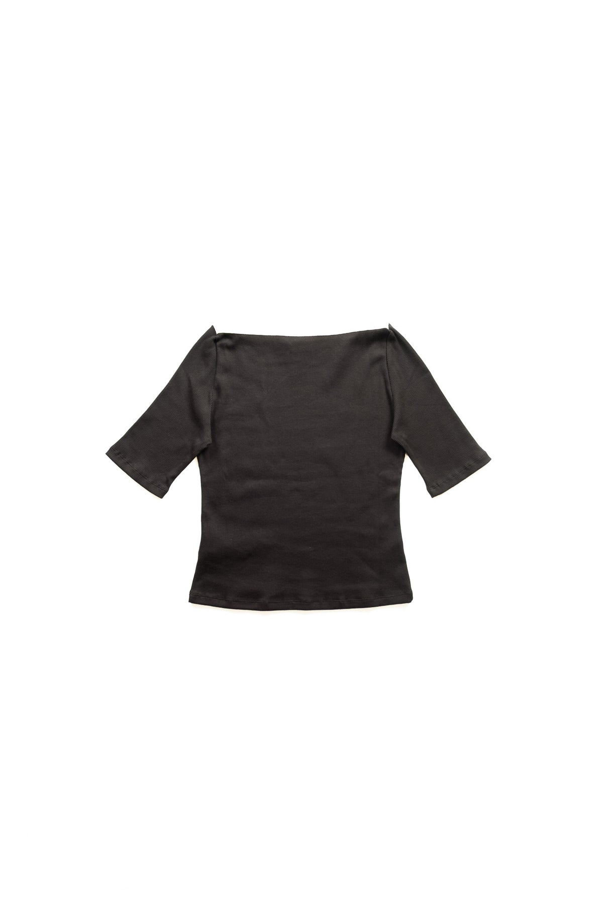 A black ribbed knit short-sleeve top with a wide boat neckline with cream contrast along the neckline, shown flat against a plain white background.