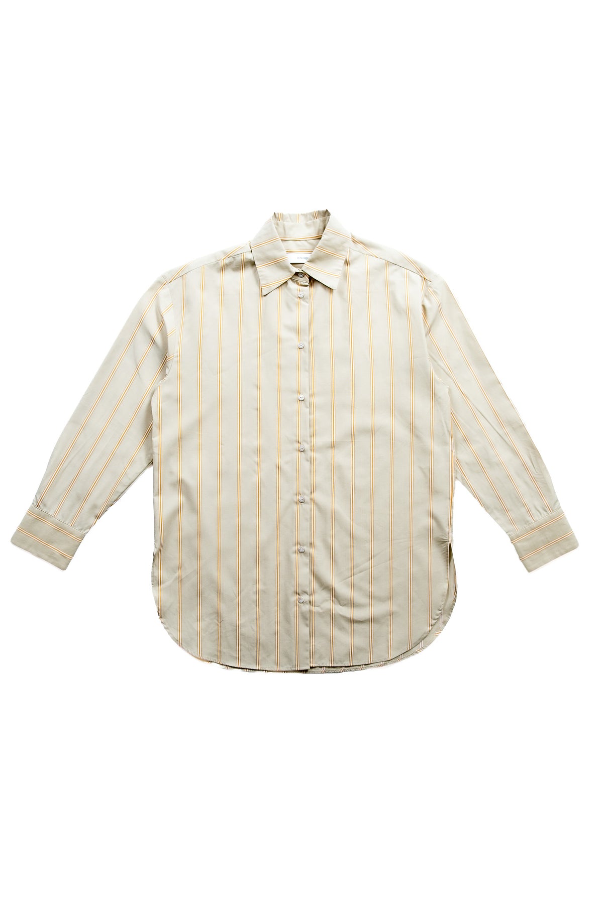 A long-sleeve button-up shirt in a light green with thin vertical tan stripes, laid flat against a white background.
