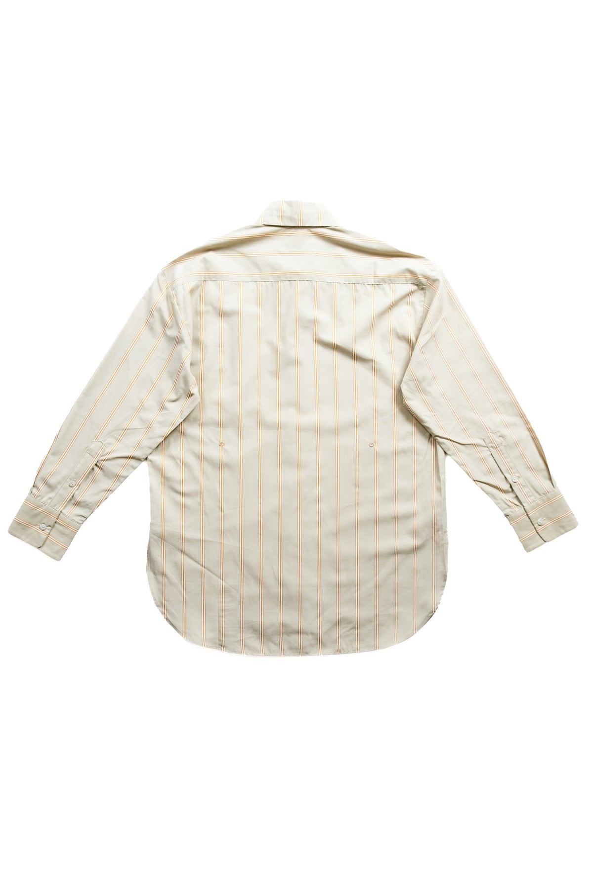 A light green long-sleeve button-up shirt with thin vertical tan stripes, shown from the back against a plain white background.