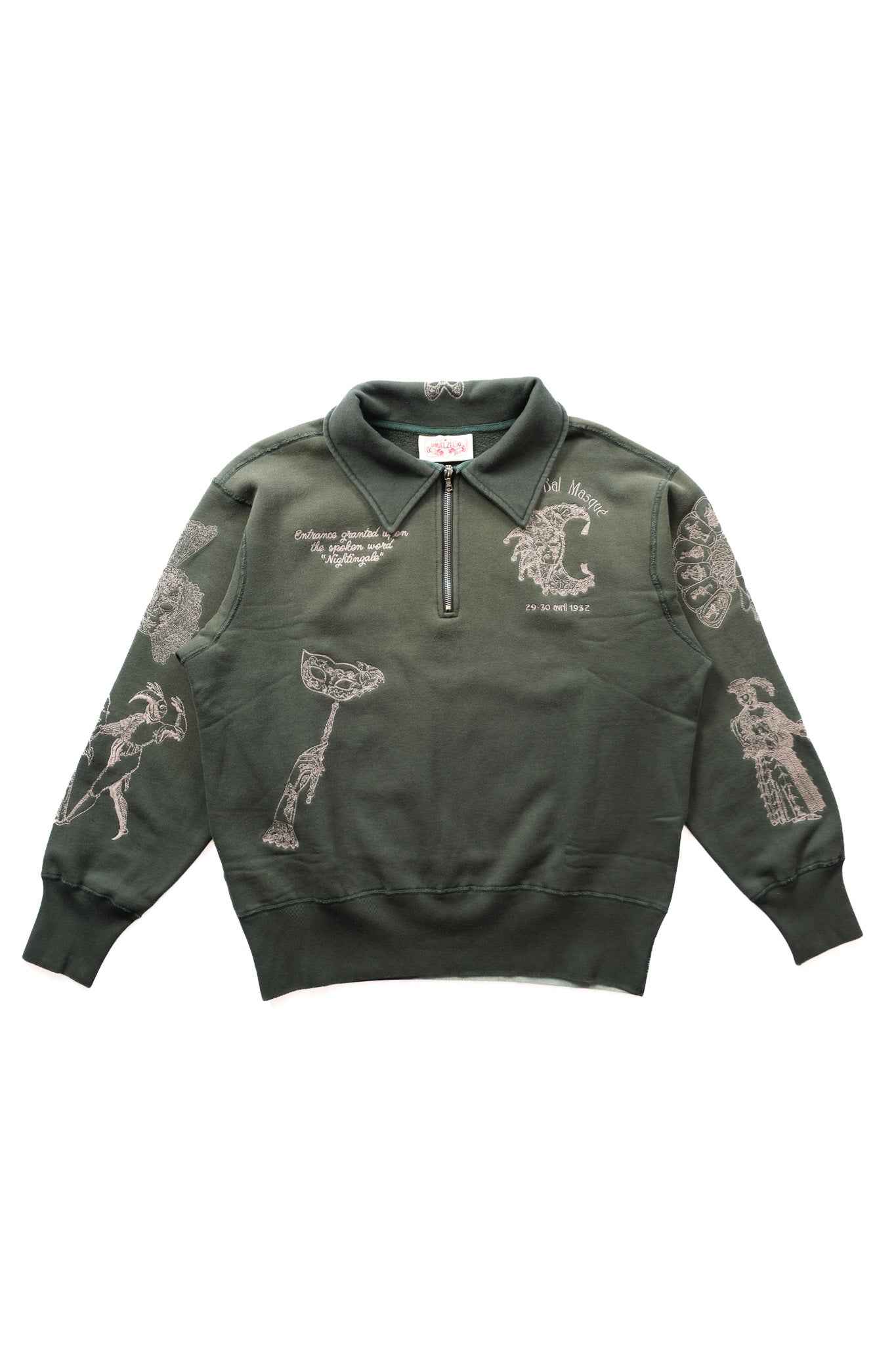 An emerald green quarter-zip sweatshirt with beige embroidered images and text, displayed flat against a white background.