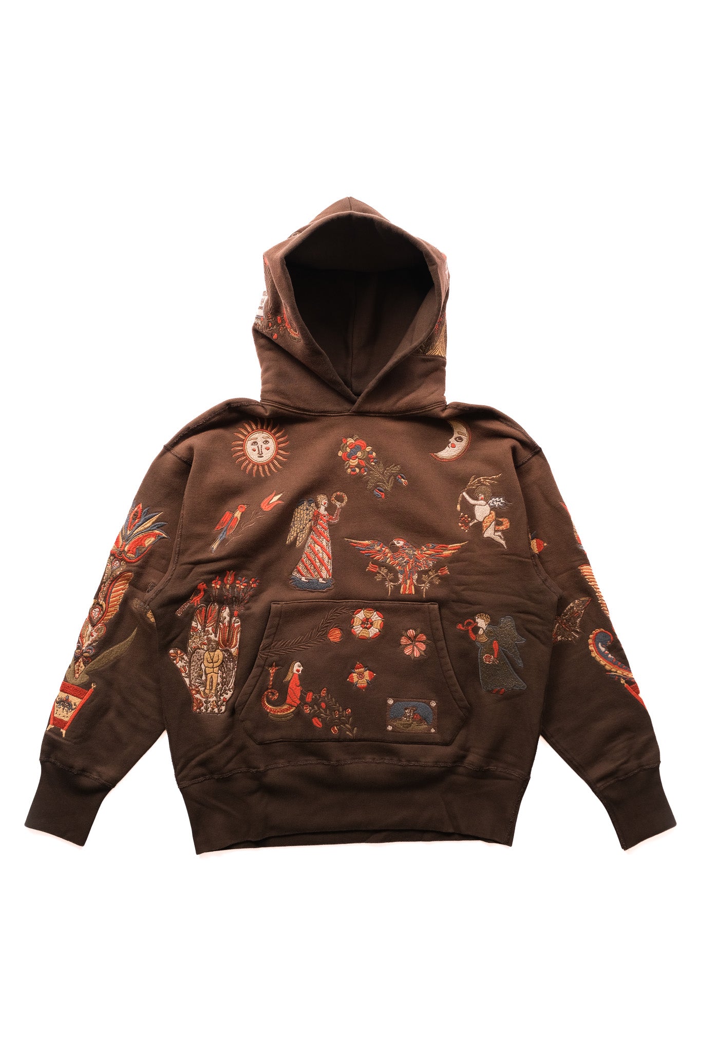A brown pullover hoodie featuring an all-over intricate graphic embroidery with folk inspired motifs in red, orange, and beige, displayed against a solid white background.